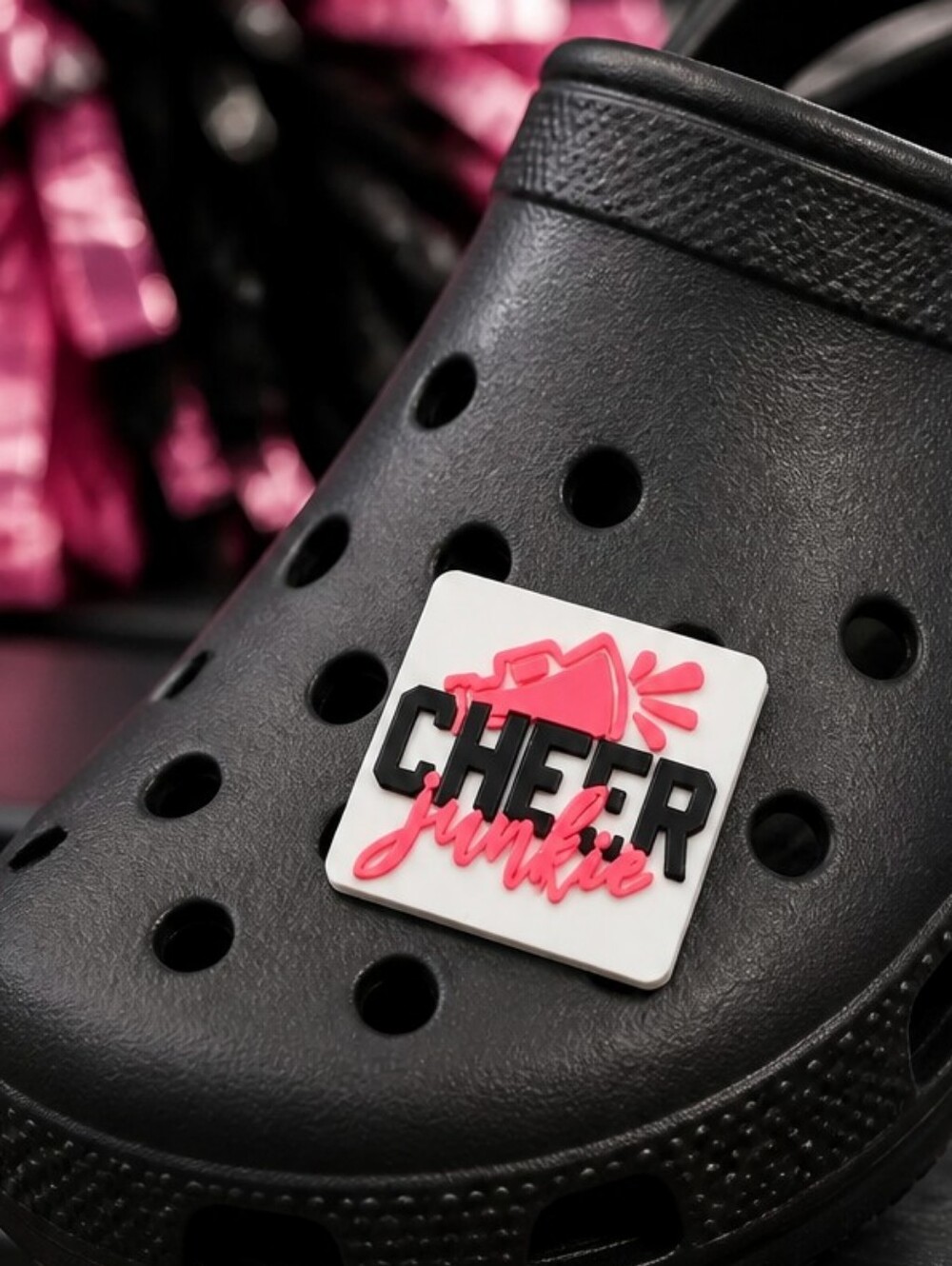 Cheer Junkie Croc Shoe Charm Megaphone Black Gold Cheerleader Jibbitz Style